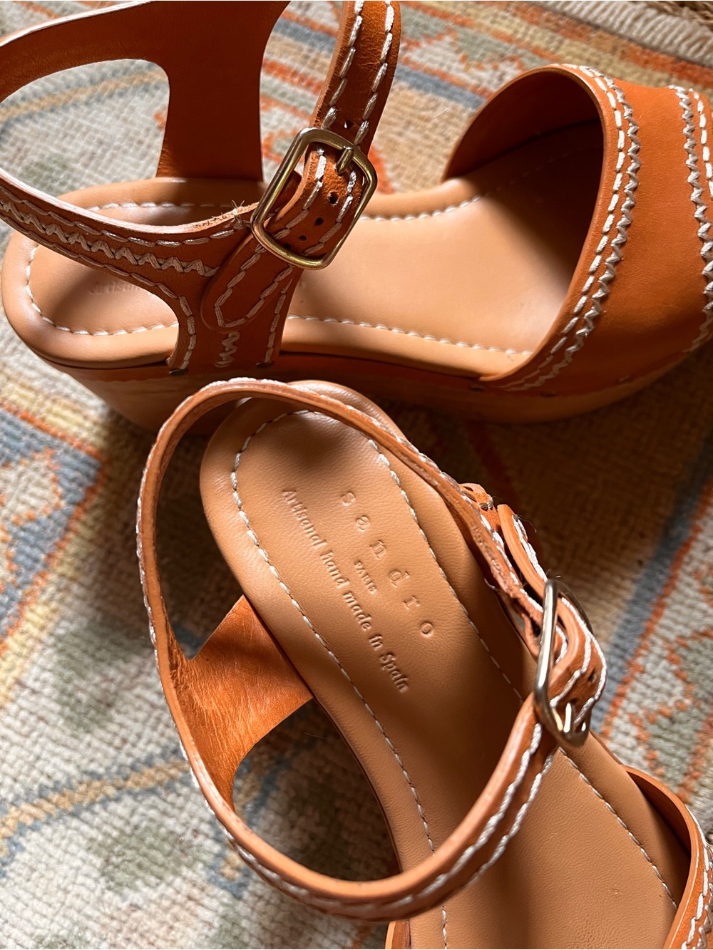 Sandro Cognac Leather Platform Clog Sandals with Wood Heel - Picture 5 of 6